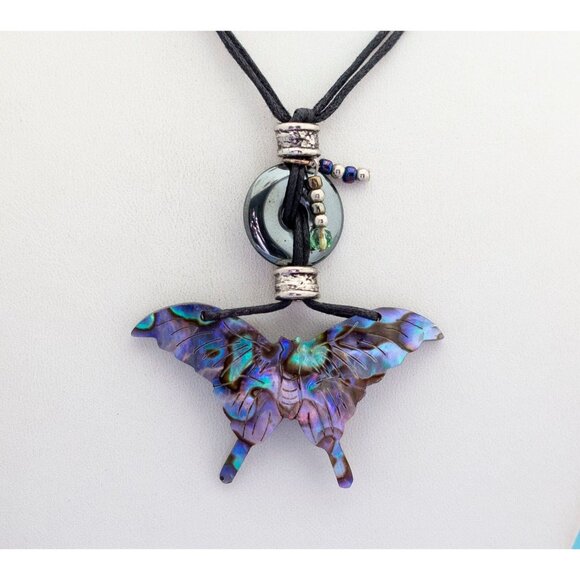 Vintage Art nouveau Abalone Butterfly Pendant Necklace 24 Inch - S24 - Picture 1 of 4